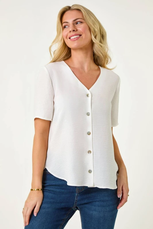Image of Roman Womens Petite V-Neck Button Through Blouse in White Size: 8 White Female 8