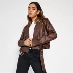 Image of I Saw It First Faux Leather Belted Biker Jacket - Brown