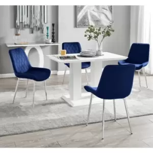 Image of Furniturebox UK - Furniturebox Imperia 4 High Gloss White Modern Dining Table And 4 Navy Pesaro Velvet Dining Chairs With Silver Legs Diamond