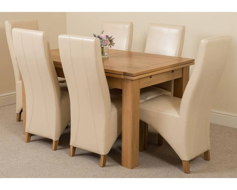 Image of Thats Furniture Richmond 140-220cm Oak Extending Dining Table & 6 Lola Leather Chairs in Cream Cream Unisex