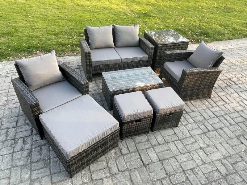 Image of Fimous 7 Seater Outdoor Lounge Sofa Set Wicker Pe Rattan Garden Furniture Set With Rectangular Coffee Table Double Seat Sofa