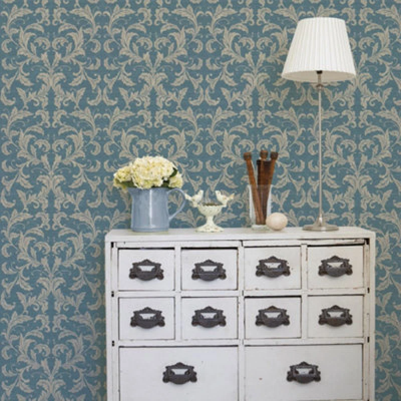 Image of Galerie Nordic Elements Blue Embossed Linear Damask Wallpaper Roll