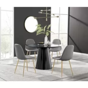 Image of Furniturebox Palma Black Semi Gloss 120cm Round Minimalist Dining Table & 4 Grey Corona Faux Leather Dining Chairs with Gold Legs Diamond Stitch