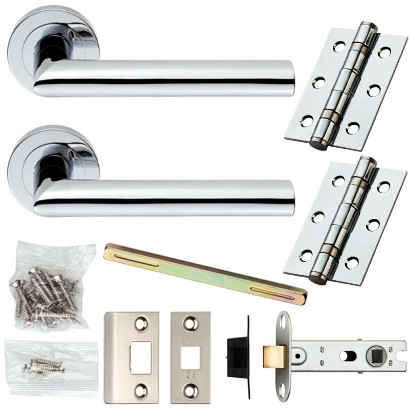 Image of Loops Door Handle & Latch Pack Chrome Modern Straight Round on Screwless Round Rose Multi