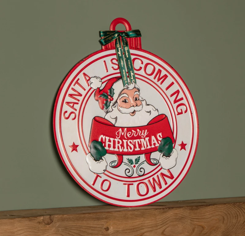 Image of 47cm Round Metal Santa is Coming to Town Sign - Red & White