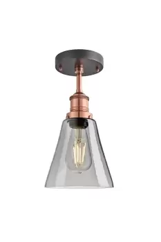 Image of Brooklyn Tinted Glass Flask Flush Mount, 6 Inch, Smoke Grey, Copper Holder