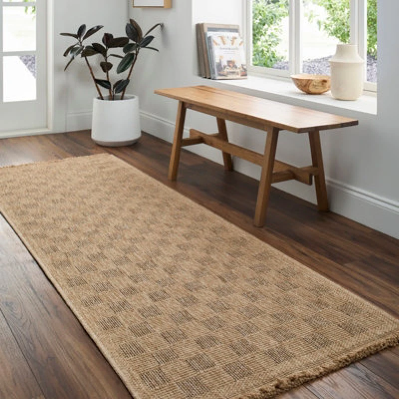Image of Livabliss In- & Outdoor Cottage Jute-Look Light Brown Checkered Tori Runner Rug 80 X 220 Cm - Perfect For Balcony Or Dining Room