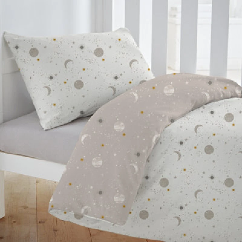 Image of Silentnight Safe Nights 100% Cotton Cot Bed Duvet Cover Set - Celestial Moon & Stars Print, Natural Natural W6GO9 Unisex