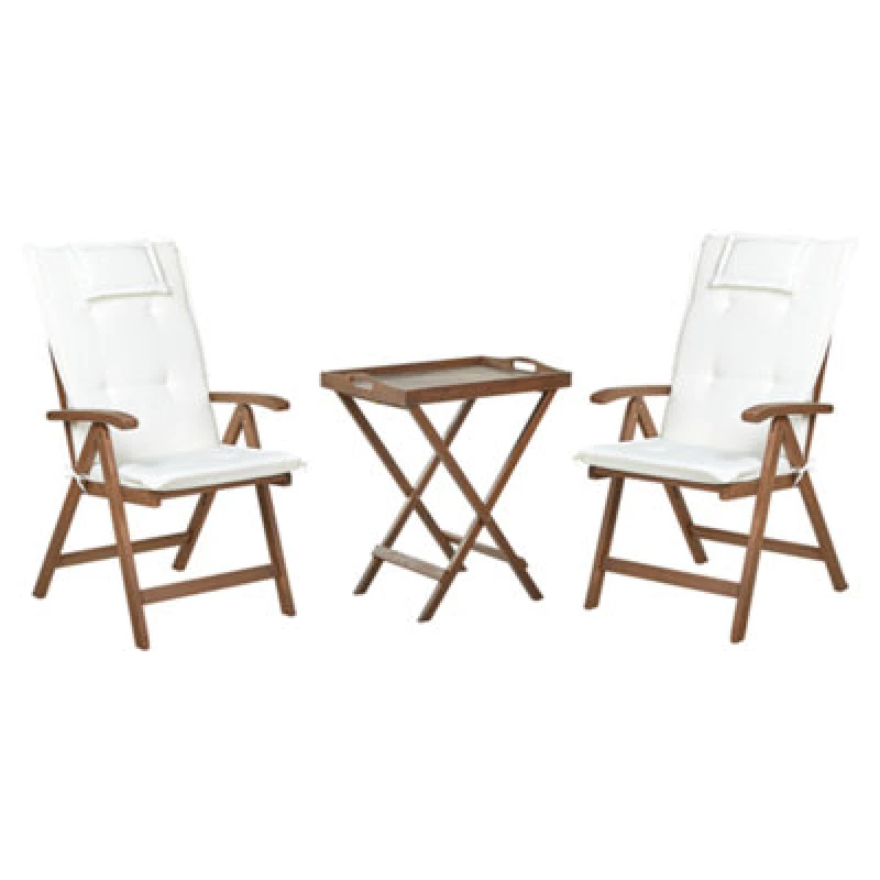 Image of Beliani Bistro Set With Cushions Folding Amantea Acacia Wood Off-White