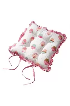 Image of Reversible Pink Frilled Cushion Seat Pad with Ties Cup Cakes