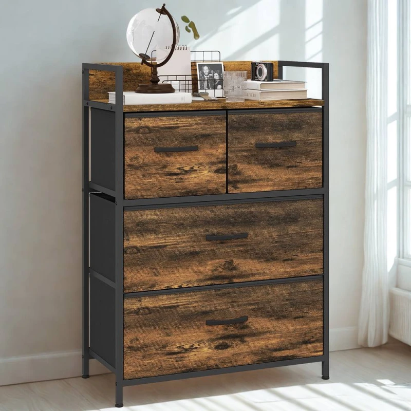 Image of FURNOS Industrial 4 Fabric Drawer Chest Storage Unit With Shelftop Rustic in Brown Brown Unisex