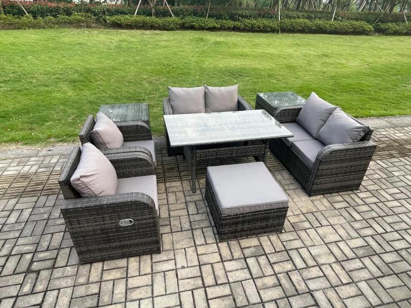 Image of Fimous Rattan Outdoor Furniture Garden Dining Set Rectangular Table & Chair Sofa Set With 2 Side Tables Big Footstool in Dark Grey Dark Grey Unisex