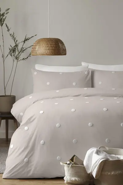 Image of Appletree 'Dot Garden' 100% Cotton Embellished Duvet Cover Set Off White