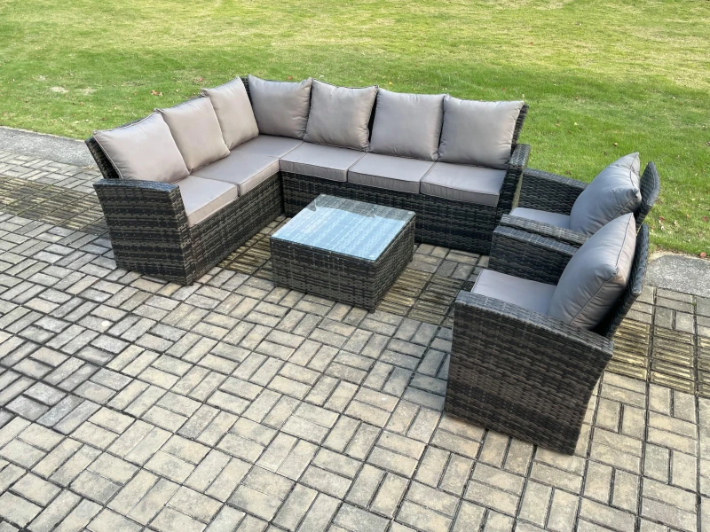 Image of Fimous Rattan Garden Furniture Set Outdoor Lounge Corner Sofa Set With Square Coffee Table 2 Armchairs 8 Seater Dark Grey Mixed Dark Grey Unisex