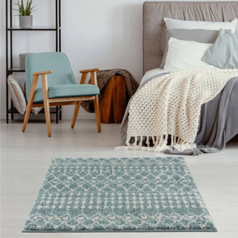 Image of THE RUGS Soft Moroccan Diamond Shaggy Rugs & Runners Duck Egg Blue Living Room Size: 120cm x 120cm Duck Egg Blue Unisex 120cm x 120 cm