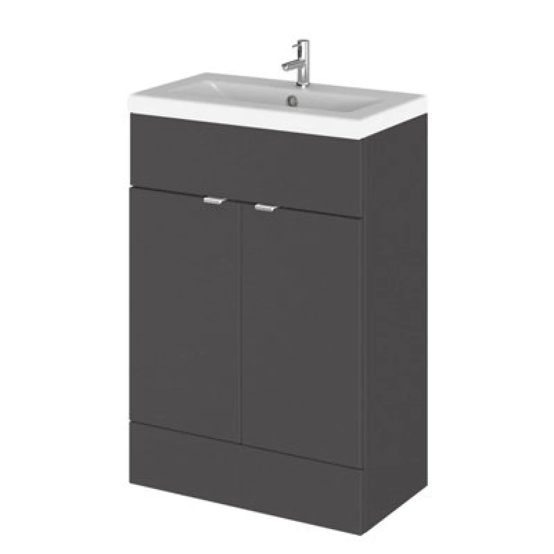 Image of Hudson Reed Fusion Floor Standing 2 Door Vanity Unit & Ceramic Basin, Stylish Sink Vanity Unit, Gloss Grey, 600mm