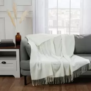 Image of Highams Plain Soft Tassel Trim Knit Fleece Throw Blanket Cream 150 X 200Cm