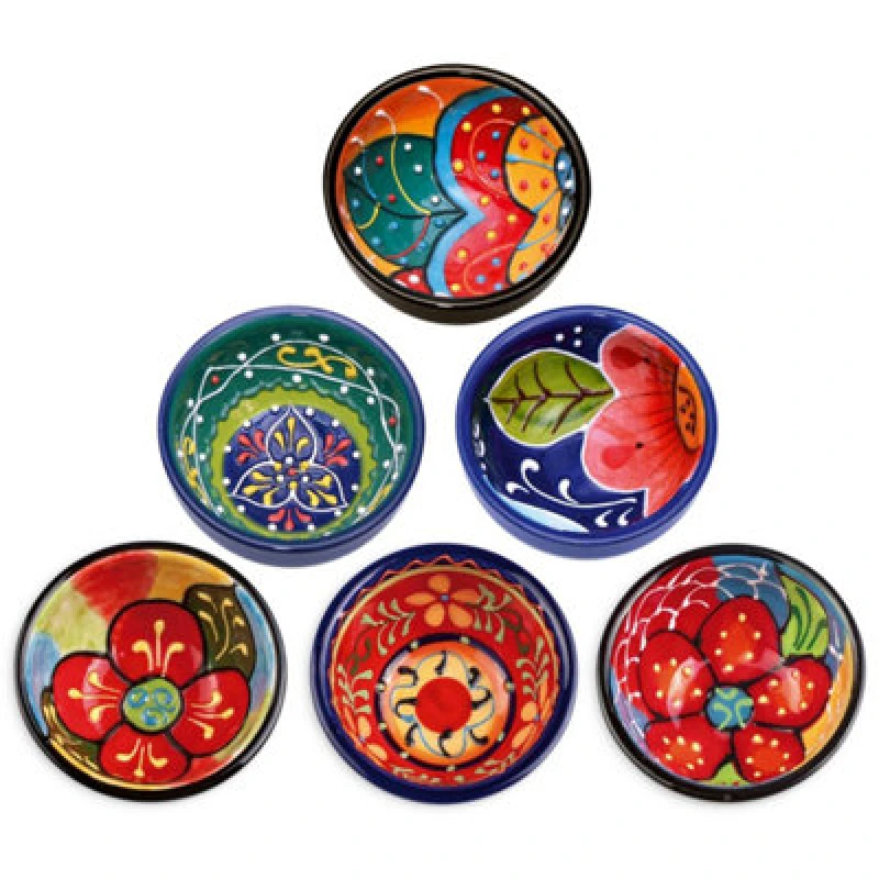 Image of Verano Spanish Ceramics Classic Spanish Hand Painted Kitchen Dining Set of 6 Tapas Bowls (Diam) 7cm Multi