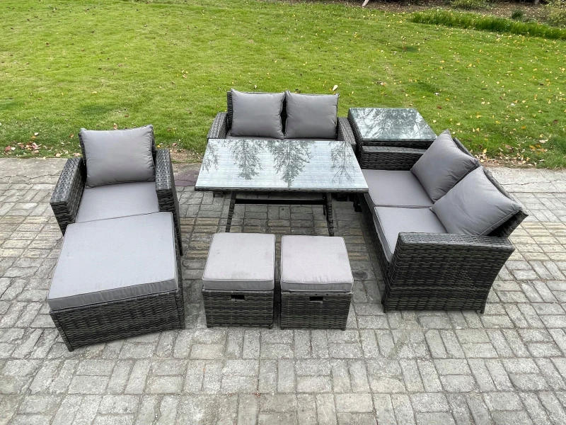 Image of Fimous 8 Seater Garden Dining Set Wicker PE Rattan Outdoor Furniture Sofa with Rectangular Dining Table Double Seat Sofa Side Table 3 Footstools Dark