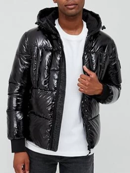 Image of Calvin Klein Jeans Hooded High Shine Padded Jacket - Black Size XL Men