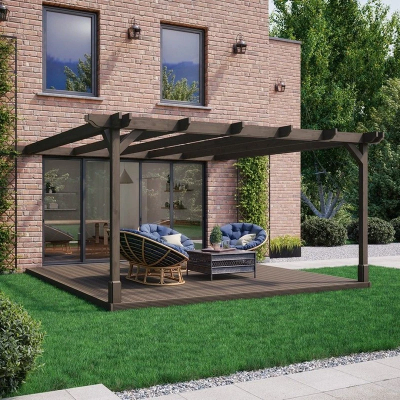 Image of Rutland County Garden Furniture Wall Mounted Double Premium Pergola And Decking Kit - Wood - L480 X W480 X H270 Cm - Rustic Brown