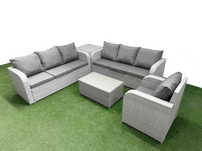 Image of Fimous 7 Seater Poly Rattan Outdoor Garden Furniture Sofa Set Patio 3 Seater Sofa Reclining Chair 3 Seater Sofa Side Table Light Grey Light Grey