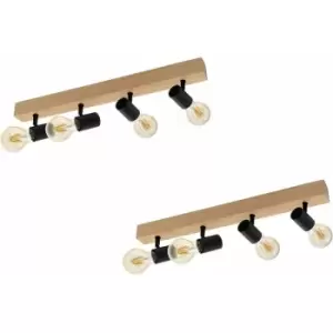 Image of 2 pack Wall Light Colour Brown Wood Back Plate Black Bulb Holder Bulb E27 4x60W