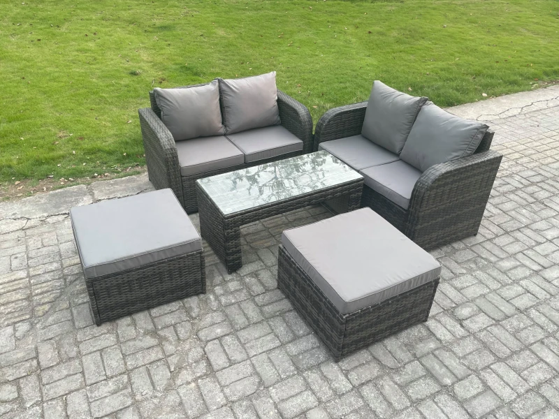 Image of Fimous High Back Rattan Garden Furniture Set with Loveseat Sofa Coffee Table Footstools Outdoor Patio Lounge Sofa Set Dark Grey
