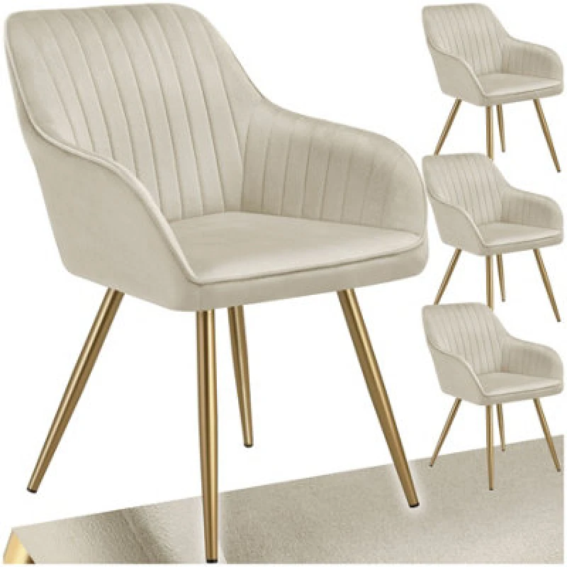 Image of Tectake Set Of 4 Dining Chair Marilyn - Quilted Velvet, Continuous Backrest, Gold Steel Legs - Cream/gold