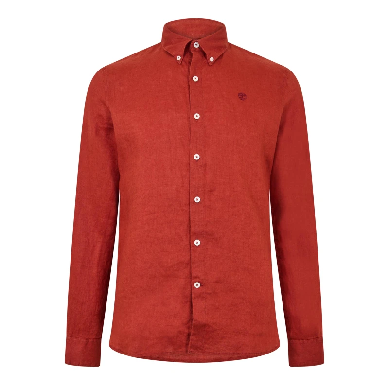 Image of Timberland Mens Mill Brook Linen Leaf Green Long-Sleeve Plain Shirt Burnt Henna male S