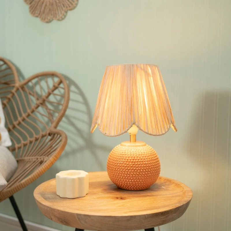 Image of ValueLights Sebby Pair of Ceramic Globe Textured Table Lamps with Raffia Lamp Shades Orange