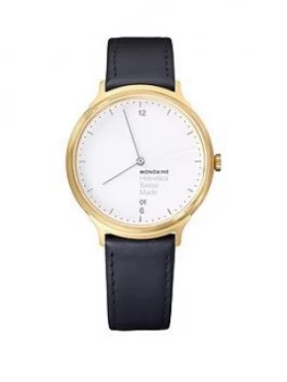 Image of Mondaine Mondaine Swiss Made Helvetica No1 Light White Sapphire Glass Date Dial Brushed Gold Stainless Steel 38Mm Case Black Leather Strap Watch