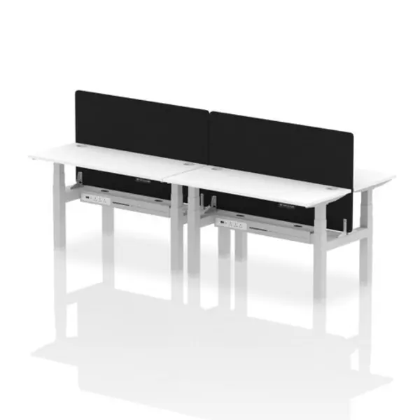 Image of Air Air Back-to-Back 1400 x 600mm Height Adjustable 4 Person Bench Desk White Top with Cable Ports Silver Frame with Black Straight Screen HASCP4P146