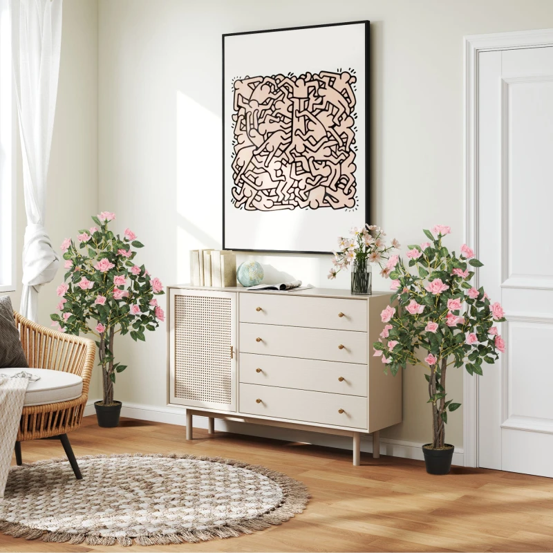 Image of HOMCOM Set of 2 Decorative Artificial Plants Rose Trees in Pot, Pink Pink