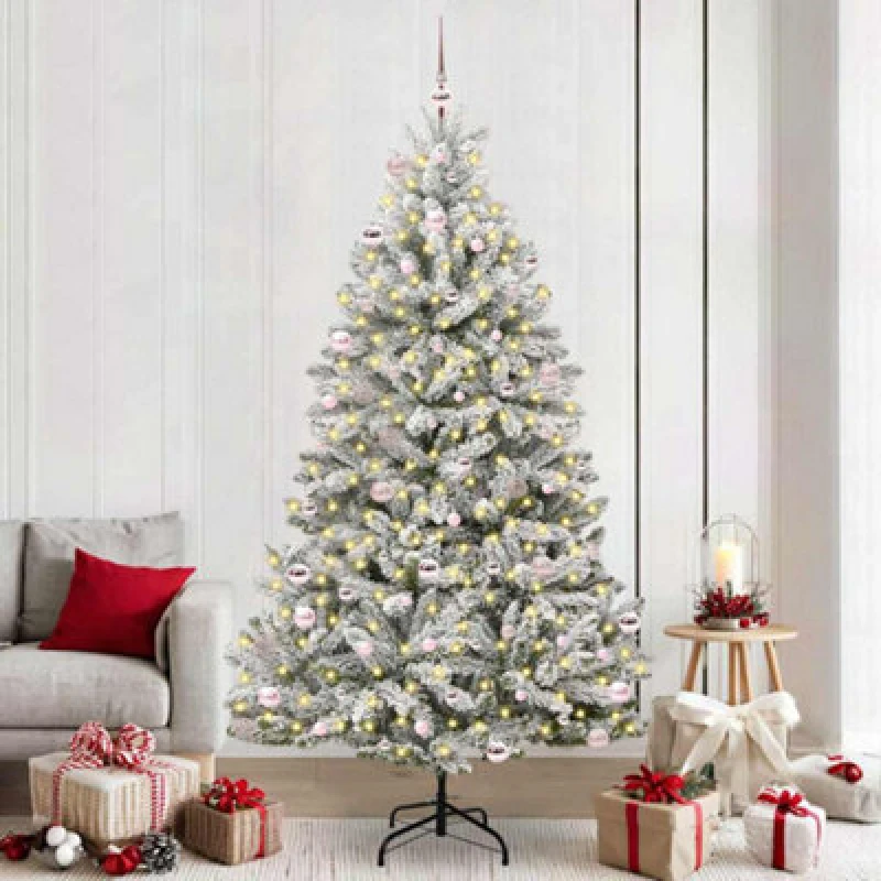 Image of vidaXL Artificial Christmas Tree with Pink Balls Green and White 240cm PVC and Metal, Green 3395768