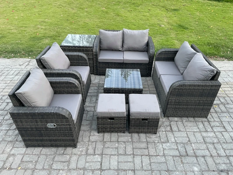 Image of Fimous 8 Seater Rattan Sofa Set Outdoor Garden Furniture Set with Square Coffee Table Loveseat Sofa Reclining Chairs Side Table 2 Small Footstools Dar