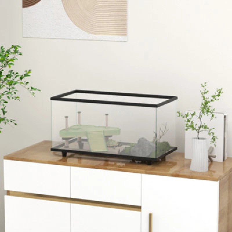 Image of PawHut 50L Turtle Tank, Glass Turtle Aquarium with Basking Platform, Easy-Drain Black