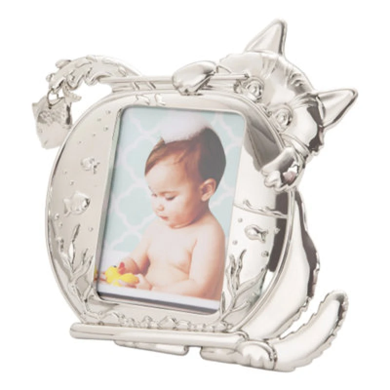 Image of Happy Homewares Quirky Hiding Cat Themed Nickel Plated Picture Frame With Hanging Fish