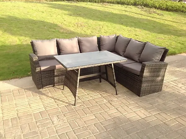 Image of Fimous High Back 6 Seater Outdoor Rattan Corner Sofa Dining Set with Table, Grey Mixed