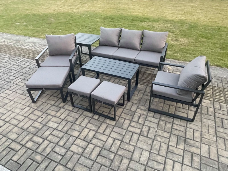 Image of Fimous Aluminium 8 Pieces Garden Furniture Sofa Set with Cushions 8 Seater Outdoor Patio Set with 2 Armchair 3 Footstools Side Table in Dark Grey Dark