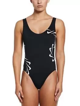Image of Nike Multi Logo U Back Swimsuit, Black/White Size M Women