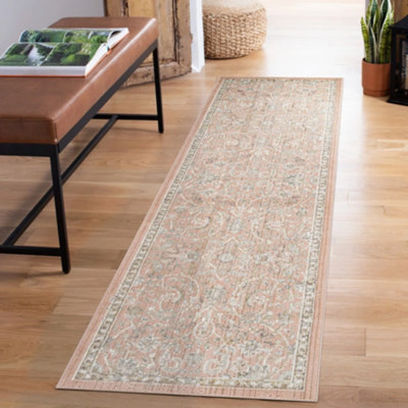 Image of Maia Washable Low Pile Non Slip Blossom Traditional Area Rug - Coral, 60 X 220 Cm (Runner)