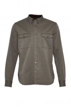 Image of Mens French Connection Stretch Twill and Tartan Shirt Dark Green