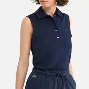 Image of Womens Lacoste Slim fit Sleeveless Cotton Pique Polo Shirt Size 8 Navy Blue
