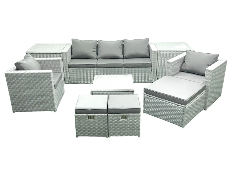 Image of Fimous Rattan Garden Outdoor Furniture Sofa Set with Square Coffee Table 2 Chairs 3 Footstools 2 Side Tables Light Grey Mixed Light Grey