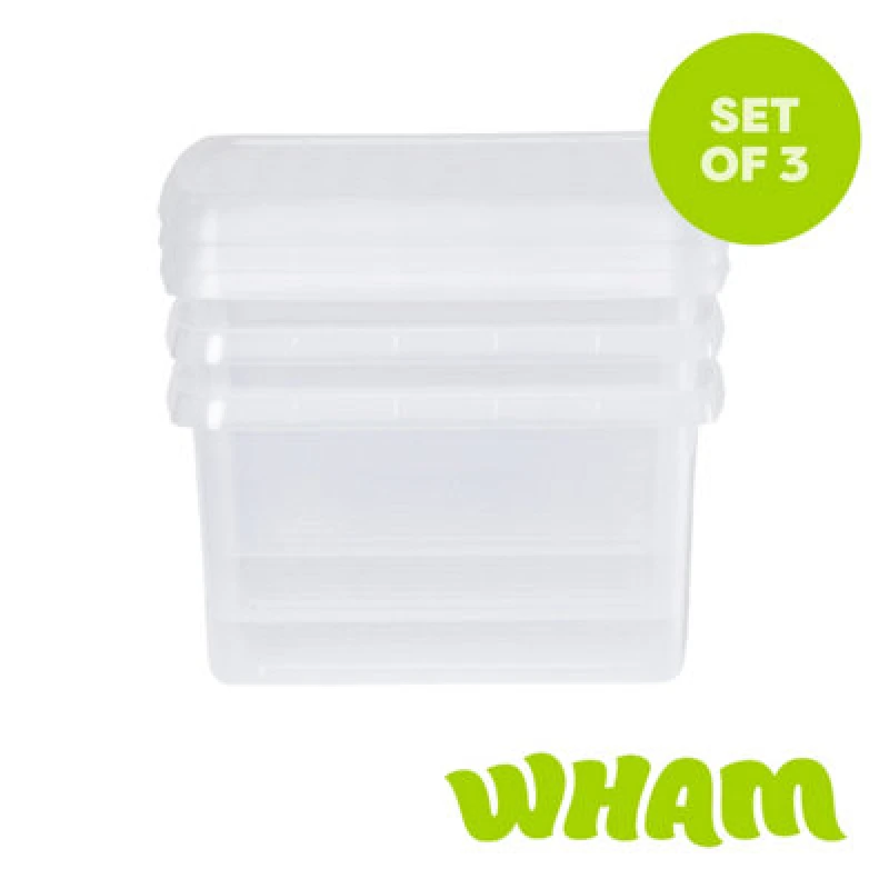 Image of Wham Clip 3X 9L Square Plastic Storage Boxes With Clip Lock Lids. Ideal For Home, Office, Toys & More - Clear/clear