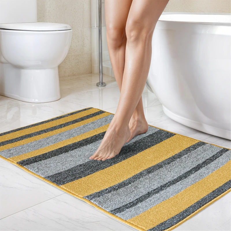 Image of Emma Barclay 2 Piece Bath Mat Set Soft Stripe Absorbent Jersey Ochre Yellow unisex 45x75cm