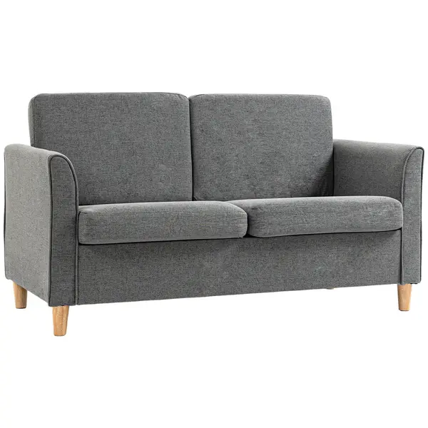 Image of HOMCOM Double Seat Sofa Loveseat Couch 2 Seater Linen Armchair with Wood Legs Grey