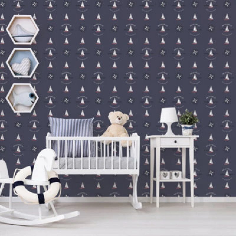 Image of Galerie Deauville 2 Navy Blue Red White Deauville Boat Motif Smooth Wallpaper