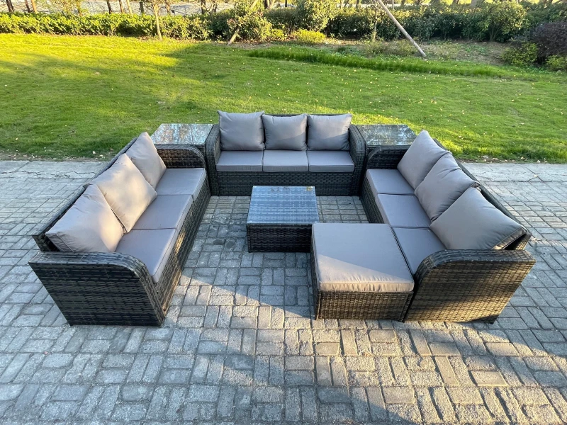 Image of Fimous Rattan Outdoor Furniture Set Patio Garden Sofa Set with Square Coffee Table Big Footstool 2 Side Tables Dark Grey Mixed Dark Grey